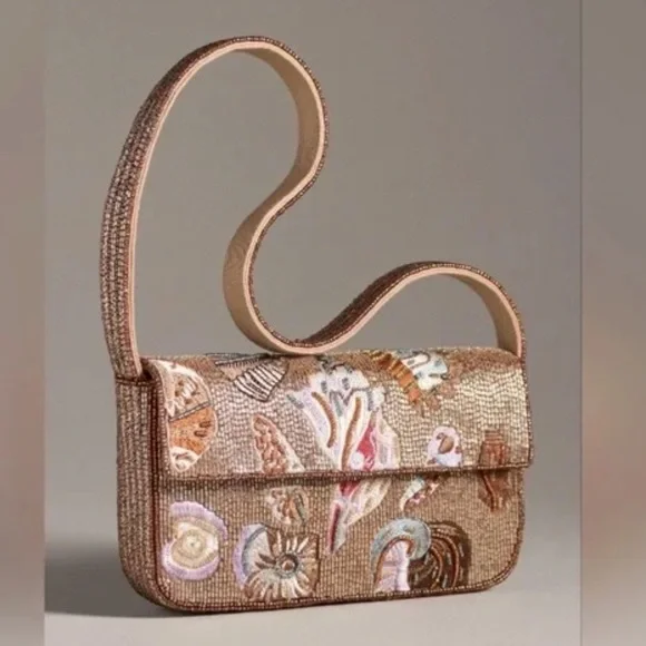 Anthropologie beaded Fiona bag embroidered tan shell ocean seashell purse NWT - Picture 3 of 5